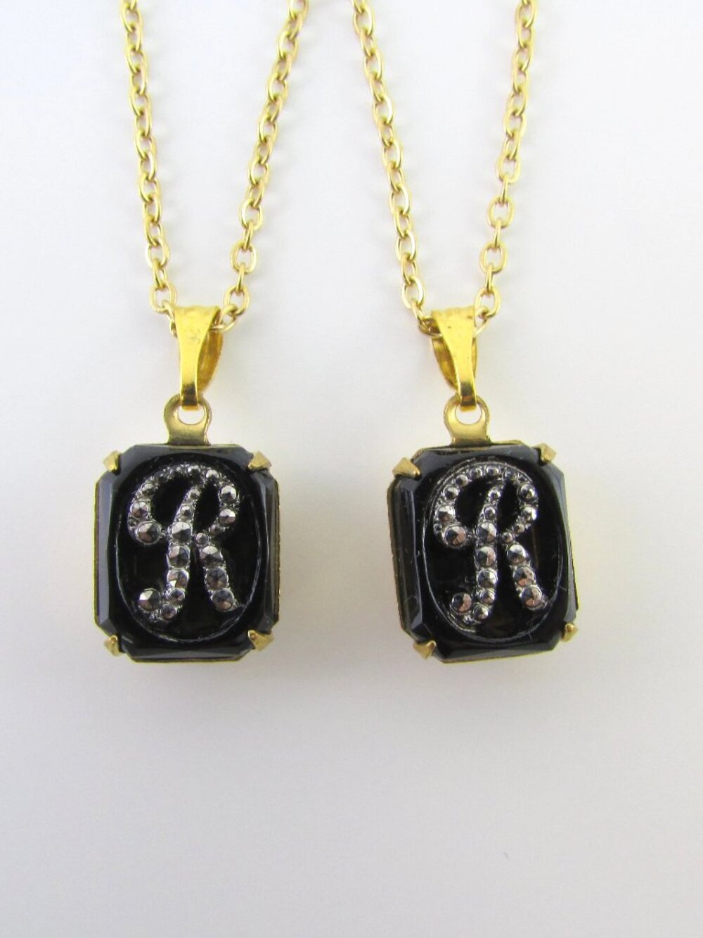 Vintage Victorian Gothic Initial R Pendant Necklace - Black Glass and Marcasite